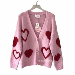 Pink & Red Hearts Printed Slouchy Stretchy Heart Buttoned Cardigan Size S